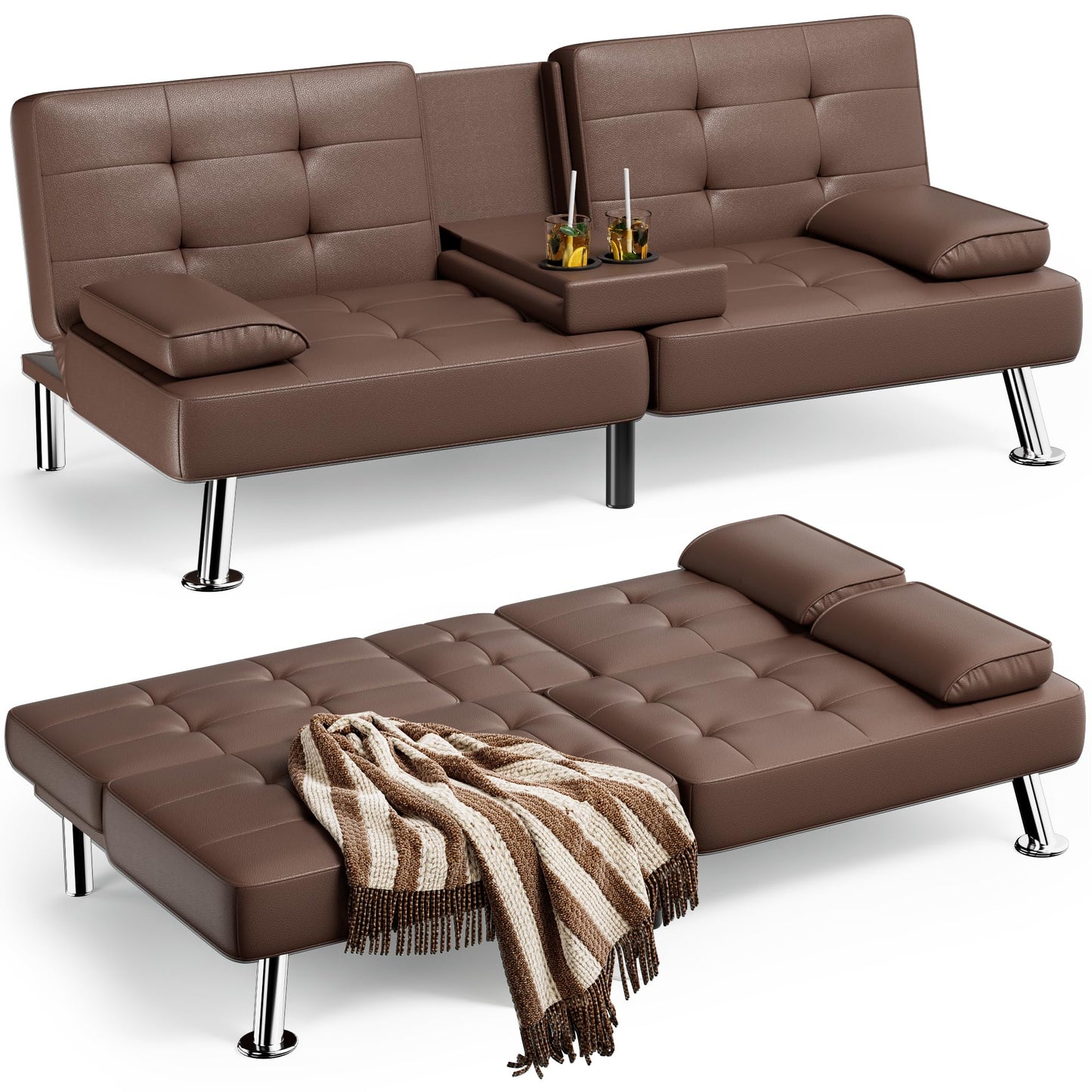 Homall Futon Sofa Bed, Leather Futon Couch with Removable Armrests, Adjustable Recliner Sleeper Sofa Bed with Dual Cup Holders for Living Room, Apartment, Office (Black)