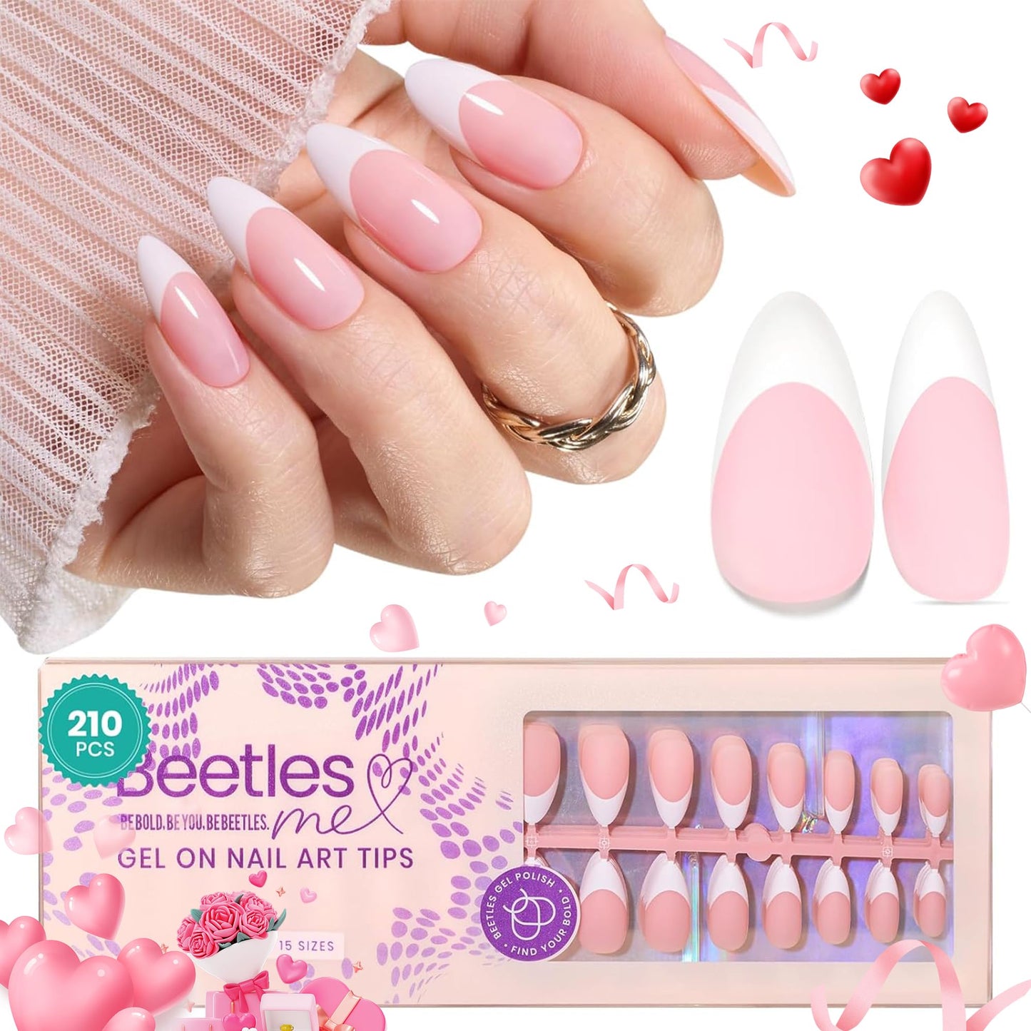 Beetles French Tip Press On Nails, 16 Sizes 224 Pcs Pink Short Almond Press On Nails 4 In 1 Gel Nail Tips Pre-Applied Primer Base Coat Soak Off Uv Nail Extension DIY Manicure Gift for Women