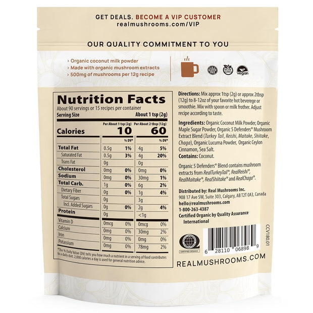 Real Mushrooms Organic Hot Chocolate Mix with Reishi, Turkey Tail, Chaga, Shiitake, Maitake – Cacao Powder Organic Mushroom– 5 Defenders Mushroom Cacao Powder, Vegan, Gluten-Free, 15 Servings