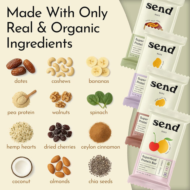 Send Bars Plant-Based Vegan Healthy Protein Bars, With Greens (Variety Pack, 8 Bars) – Only Real Ingredients, Zero Added Sugar, Gluten-Free, Dairy-Free