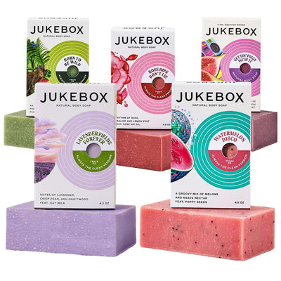 JUKEBOX Soap Sampler Gift Pack- 5 Bar Soaps- Watermelon Disco, Lavender Fields Forever, Rose Hips Don't Lie, Born To Be Wild, Gettin' Figgy With It