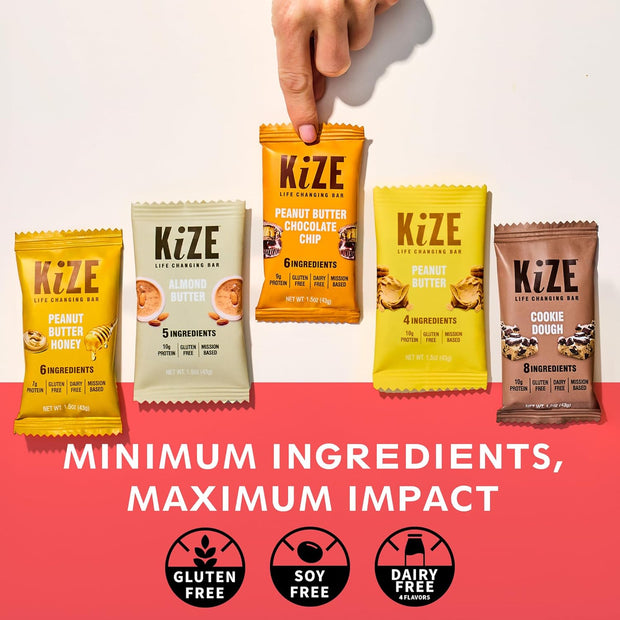 KiZE Energy Bars - Best Sellers Variety Pack - Gluten Free, Dairy Free Options, Non-GMO, and High Protein Meal Replacement Energy Bars, Clean and Simple Food Ingredients - 7-10g High Protein Snacks, (10 Count)