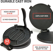 Uno Casa Cast Iron Tortilla Press 8 Inch - Tortilla Maker Press, Pre-Seasoned Roti Maker with 100 Pcs Parchment Paper - Heavy Duty Quesadilla Maker for Homemade Flatbreads, Rotis, Empanadas