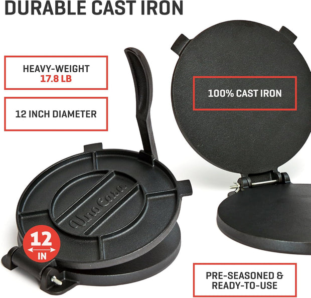 Uno Casa Cast Iron Tortilla Press 8 Inch - Tortilla Maker Press, Pre-Seasoned Roti Maker with 100 Pcs Parchment Paper - Heavy Duty Quesadilla Maker for Homemade Flatbreads, Rotis, Empanadas