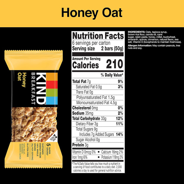 KIND Breakfast Bars, Variety Pack, Honey Oat, Almond Butter, and Peanut Butter, Healthy Snacks, Gluten Free, 3-8g Protein, 18 Count