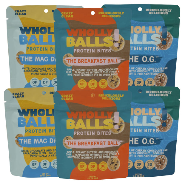 Wholly Balls Protein Bites – Healthy Plant-Based Snack – High Protein, Low Sugar, Gluten-Free Energy Balls (Pack of 6, Sampler Pack)