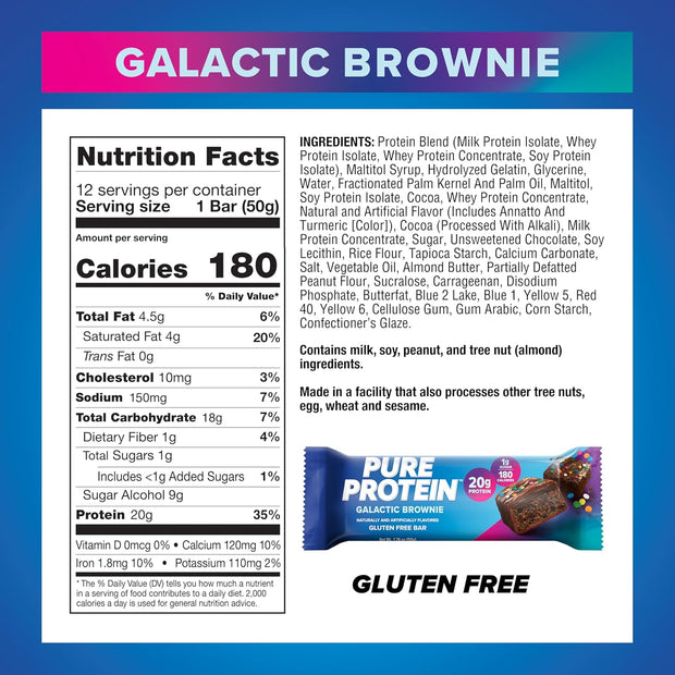Pure Protein Galactic Brownie Bars - 12 Count Box | 20g High Protein, Gluten-Free, On-the-Go Snack | Ideal Pre & Post-Workout Fuel | Low Sugar, Great Taste!
