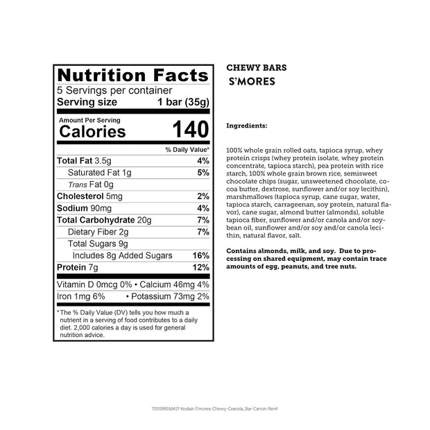 Kodiak Cakes Protein Chewy Granola Bar, S'mores, (Pack of 4 Boxes)