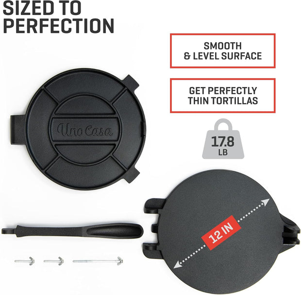 Uno Casa Cast Iron Tortilla Press 8 Inch - Tortilla Maker Press, Pre-Seasoned Roti Maker with 100 Pcs Parchment Paper - Heavy Duty Quesadilla Maker for Homemade Flatbreads, Rotis, Empanadas