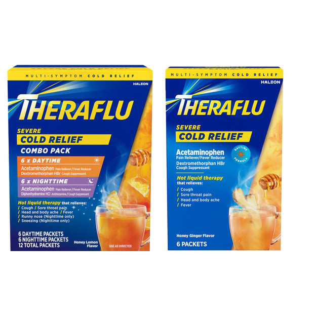 Theraflu Severe Cold Relief Hot Liquid Powder Combo: 12ct Daytime/Nighttime Honey Lemon Flavor + 6ct Daytime Honey Ginger Flavor