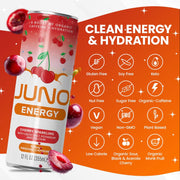 JUNO ENERGY Organic Cherry Sparkling Drink - Sugar Free Electrolytes, Energizing and Hydrating with 125mg Organic Caffeine from Green Coffee Beans, Organic Monk Fruit, Organic Sour and Black Cherry Juice & Electrolytes - Vegan, Gluten Free, 12 Pack