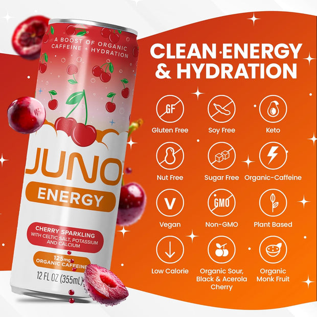 JUNO ENERGY Organic Cherry Sparkling Drink - Sugar Free Electrolytes, Energizing and Hydrating with 125mg Organic Caffeine from Green Coffee Beans, Organic Monk Fruit, Organic Sour and Black Cherry Juice & Electrolytes - Vegan, Gluten Free, 12 Pack