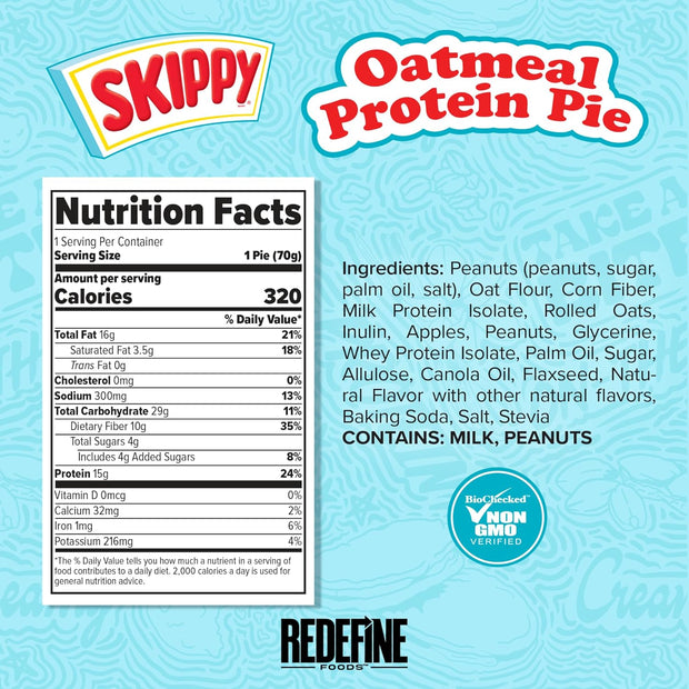 Redefine Foods Oatmeal Protein Pie, SKIPPY Peanut Butter - 8 Count - 15g of Protein Per Serving - Non-GMO