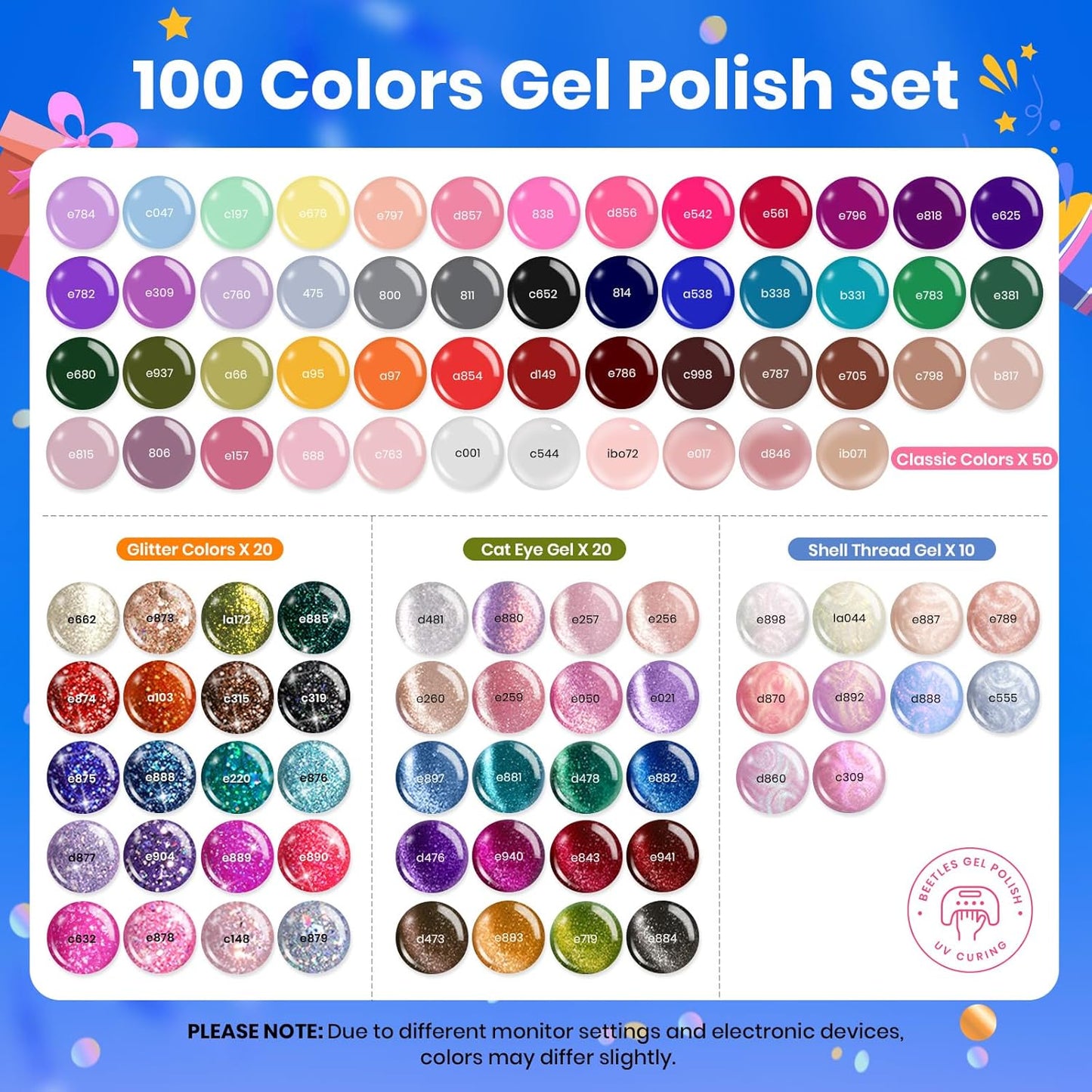 Beetles Gel Nail Polish Set,119 PCS 100 Colors Gel Polish Kit Base Glossy Matte Glitter Top Coat Neon Glitter Pearl Cat Eye White Red Pink Nude Nails Gift for Women Beetles Infinite Styles 100 Colors
