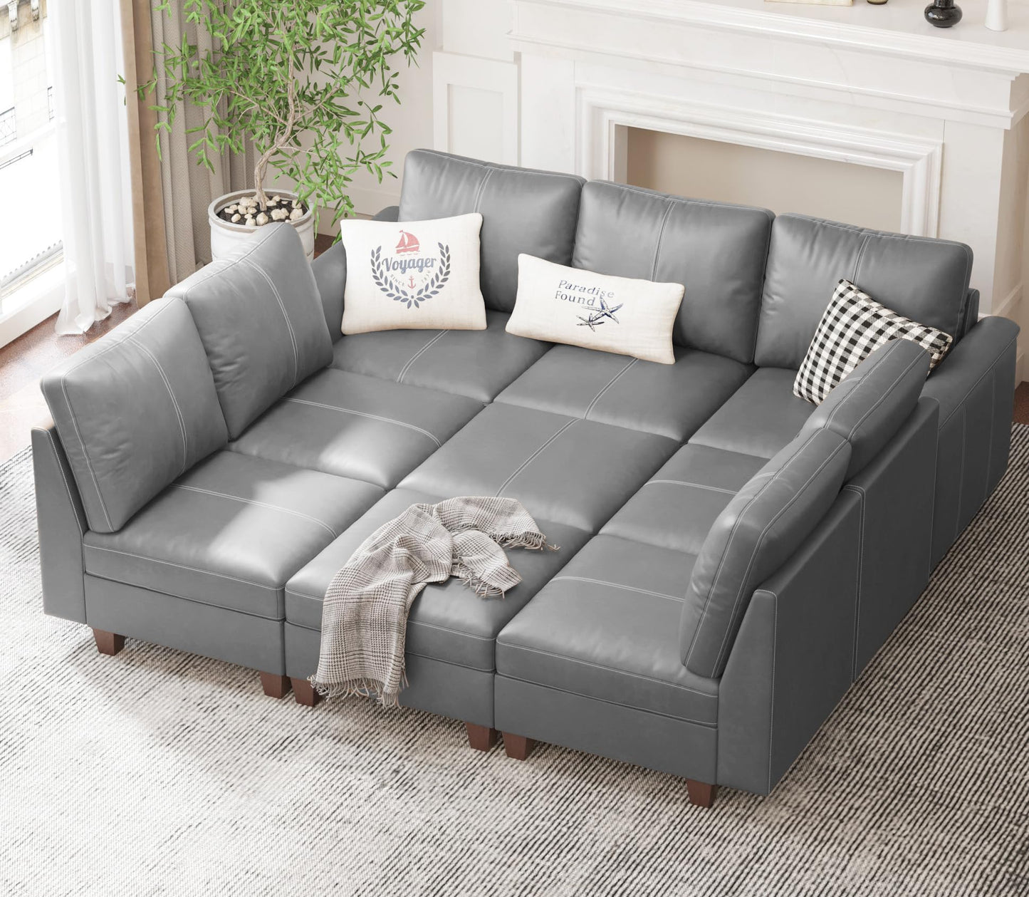 Faux Leather Modular Sectional Couches for Living Room, Modular Convertible U-Shaped Sectioanl Sofa with Storage & Ottoman, Brown