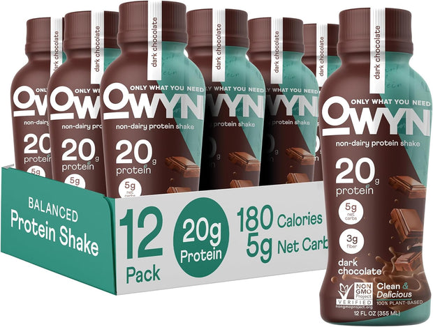 OWYN Only What You Need Plant Based Protein Shake, Dark Chocolate, 20g Vegan Protein from Organic Pumpkin seed, Flax, Pea Blend, Omega-3, Prebiotic supplements, Gluten and Soy-Free, (12 Pack)