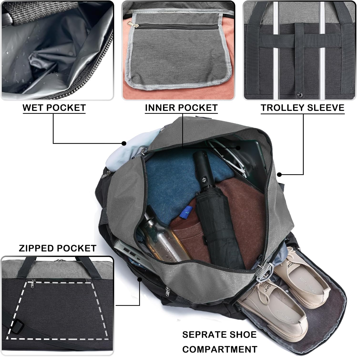 Gym Bags for Women Men with Wet & Shoe Compartment, 40L Foldable Travel Duffle Bag, Lightweight Weekender Overnight Duffel Bag for Traveling Sports Gym(Black)