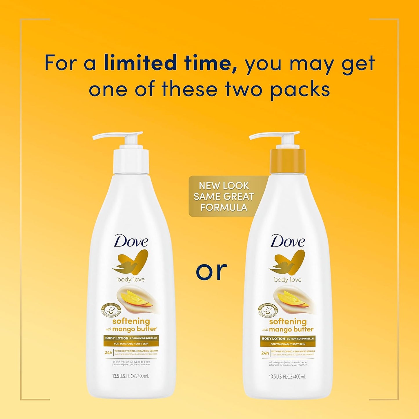 Dove Body Love Softening Body Lotion with Mango & Almond Pack of 3 For Touchably Soft Skin Butters Lotion for Dry Skin with Restoring Ceramide Serum 13.5 oz