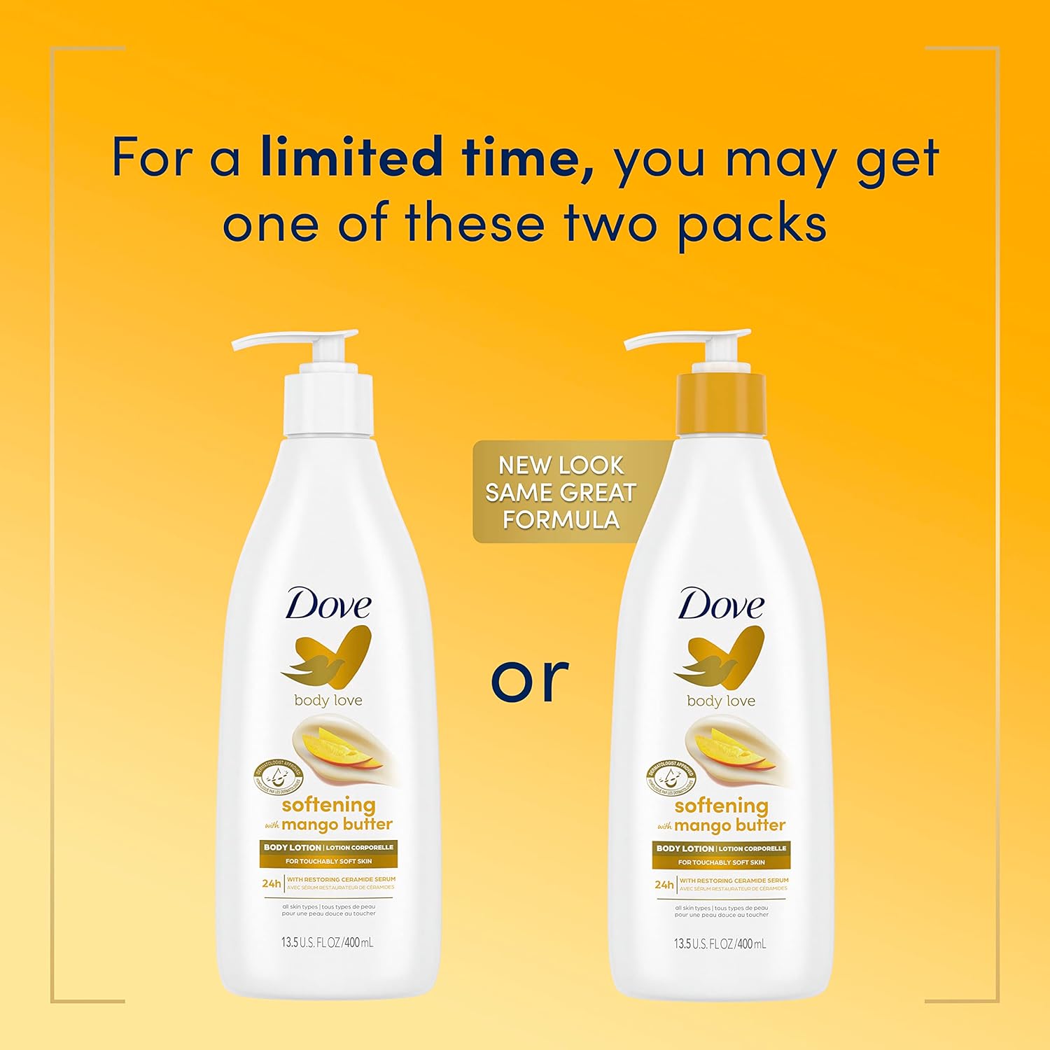 Dove Body Love Softening Body Lotion with Mango & Almond Pack of 3 For Touchably Soft Skin Butters Lotion for Dry Skin with Restoring Ceramide Serum 13.5 oz