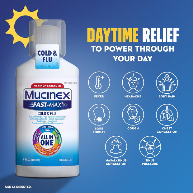 Mucinex Maximum Strength Fast-Max Cold & Flu and Nightshift, All-in-One Multi Symptom Relief Liquid, 6 Fl Oz - 2 Count (Pack of 1)