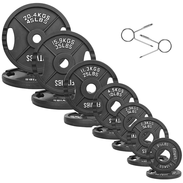 Olympic Cast Iron 2-Inch Weight Plates for Strength Training & Weightlifting, 255 Pounds Set, Multiple Packages