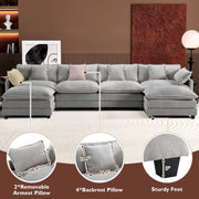 Ihanherry 146" U-Shaped Modern Sofa Modular Sectional Cloud Couch with 2 Ottoman, 6-Seat Chenille Deep Seat Sofa with 6 Pillows for Living Room, Bedroom and Apartment, Grey