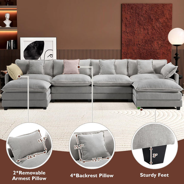 Ihanherry 146" U-Shaped Modern Sofa Modular Sectional Cloud Couch with 2 Ottoman, 6-Seat Chenille Deep Seat Sofa with 6 Pillows for Living Room, Bedroom and Apartment, Grey