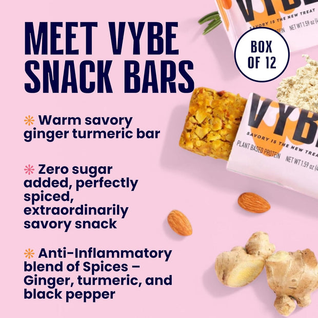 Vybe Snacks Savory Nutrition Bars Turmeric Ginger Flavor | Plant Based Vegan, Zero Added Sugar, Gluten Free, Keto Friendly, No Artificial Ingredients, Organic, 8-9 gm Protein & Gut Friendly Fiber Crunchy & Delicious (Box of 12, 45g each)