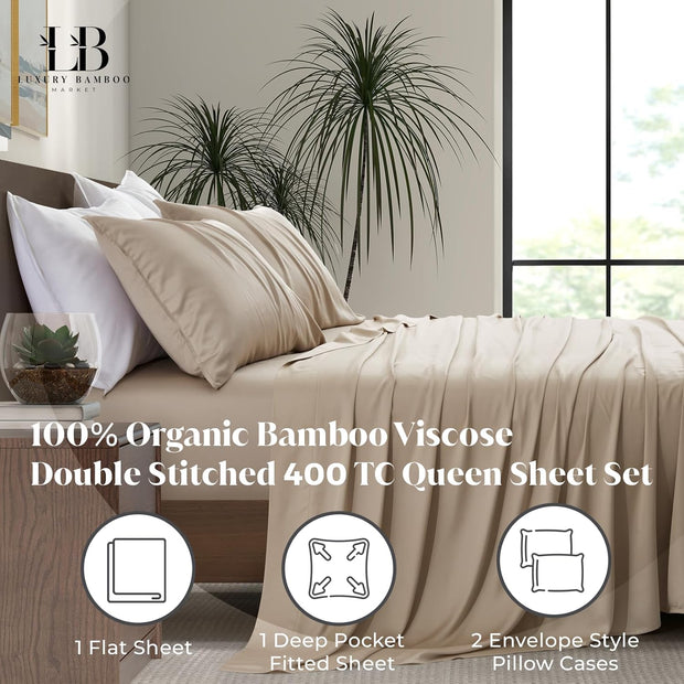 Luxury Bamboo Market | Queen Size Bed Sheet Set | 100% Viscose Made from Bamboo | Organically Grown | Ultra Soft | Cooling Sheets for Hot Sleepers | 17" Deep Pocket [Dune]