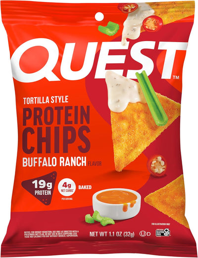 Quest Nutrition Tortilla Style Protein Chips, Buffalo Ranch, 19g of Protein, 4g Net Carbs, Gluten Free Protein Snack, 1.1 Ounce (Pack of 12)