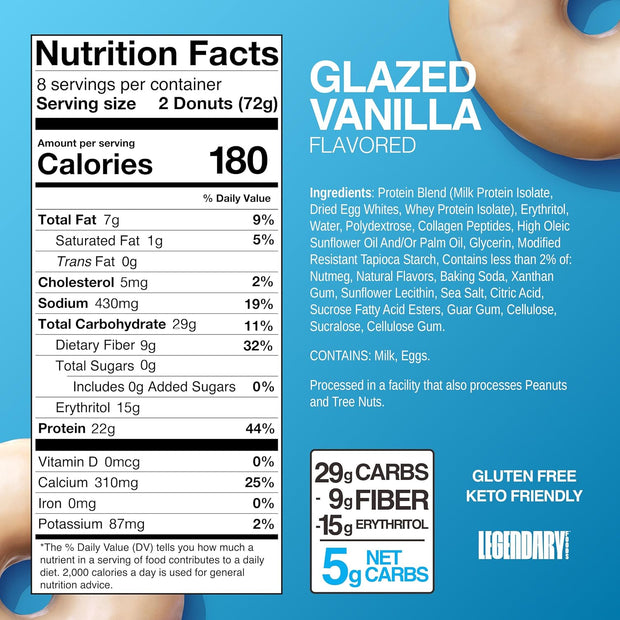 Legendary Foods 22gr Protein Donuts - Glazed Vanilla 8x (2 Donuts per Pack), High Protein, Zero Sugar, Gluten Free and Low Carb, Keto Friendly Snack, Healthy Donut for GLP-1, Diabetic, Bariatric Diets