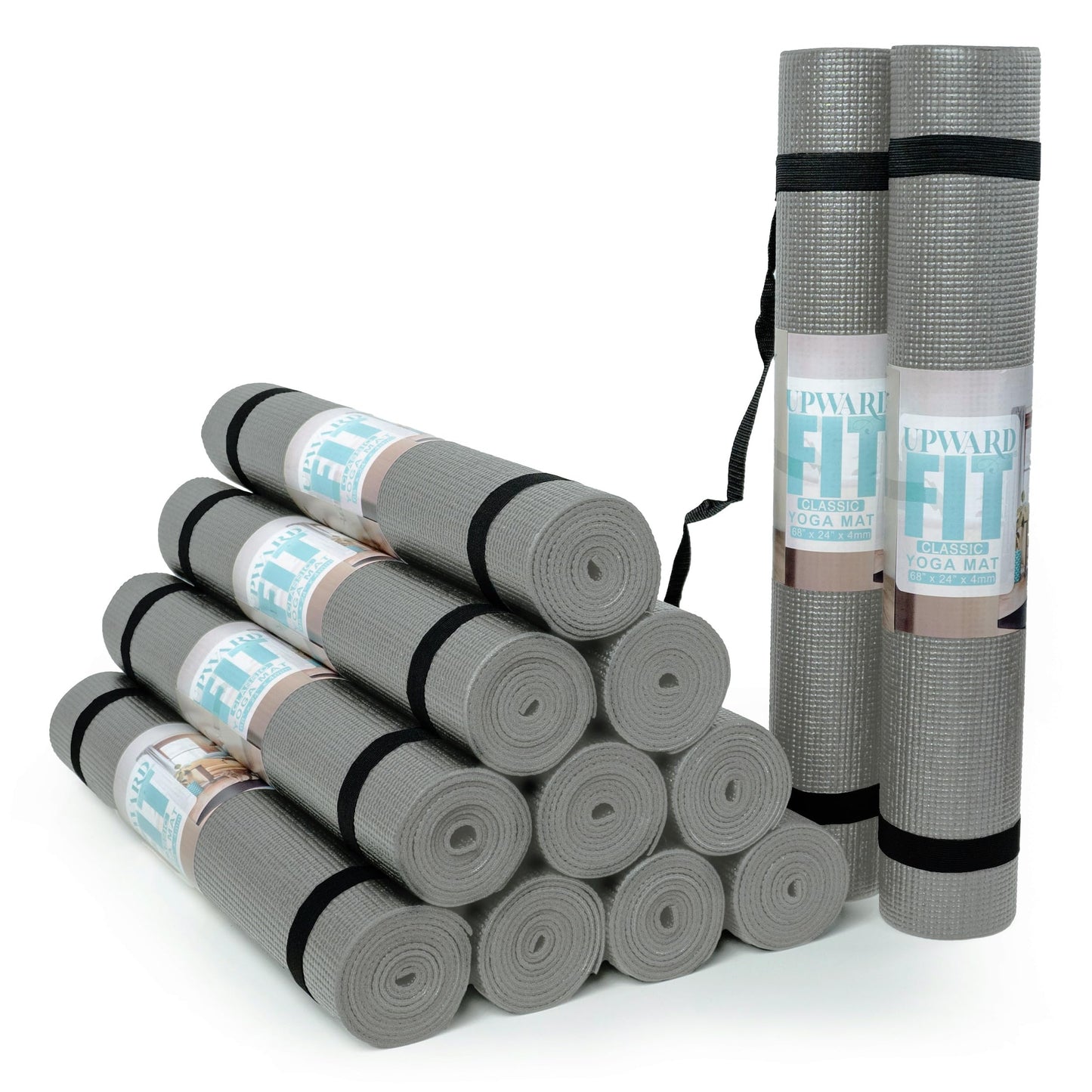 12-Pack Classic Yoga Mat With Carrying Strap, 68" x 24" Non Slip Exercise Mat, 4mm Thick Gym Mat, Bulk Non Toxic Yoga Mats for Home Workout, Schools, Classroom, and Studios