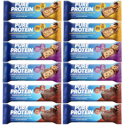 Pure Protein Bars, High Protein, Nutritious Snacks to Support Energy, Low Sugar, Gluten Free 4 pcs Chocolate Peanut Butter 4 pcs Chocolate Deluxe 4 pcs Chewy Chocolate Chip