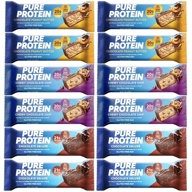 Pure Protein Bars, High Protein, Nutritious Snacks to Support Energy, Low Sugar, Gluten Free 4 pcs Chocolate Peanut Butter 4 pcs Chocolate Deluxe 4 pcs Chewy Chocolate Chip