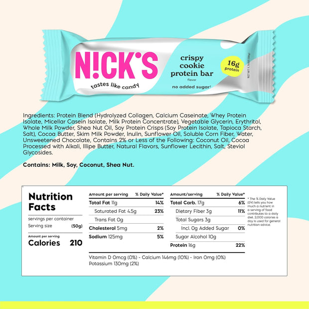 Nick's Protein Bars Crispy Cookie Chocolate, High Protein, Low Calories, Low Carb, Keto Friendly Snacks No Added Sugar (Multipack 12 bars x 50g), Crispy Cookie flavor