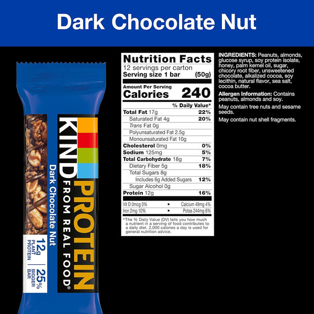 KIND Protein Snack Bar, Dark Chocolate Nut, Healthy Snacks, Gluten Free, 12g Plant Protein, 12 Count