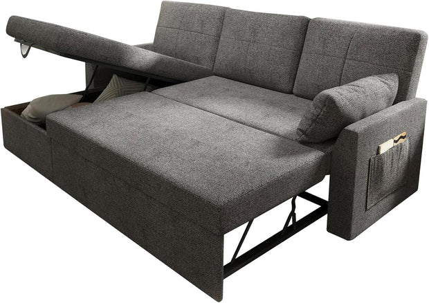 VanAcc Sleeper Sofa, Sofa Bed- 2 in 1 Pull Out Couch Bed with Storage Chaise, Sleeper Couch for Living Room, Grey Linen