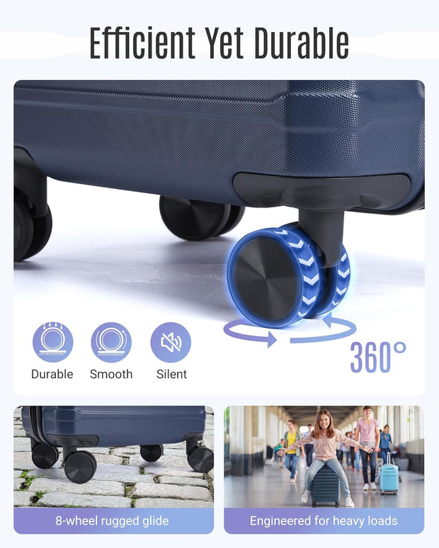 LIGHT FLIGHT Luggage Sets, 3 Piece Durable Suitcase Set with Spinner Wheels, 3 Pcs Hardside Lightweight luggage with TSA Lock, Large Checked Travel Suitcases, 20/24/28 Inch, Dark Blue