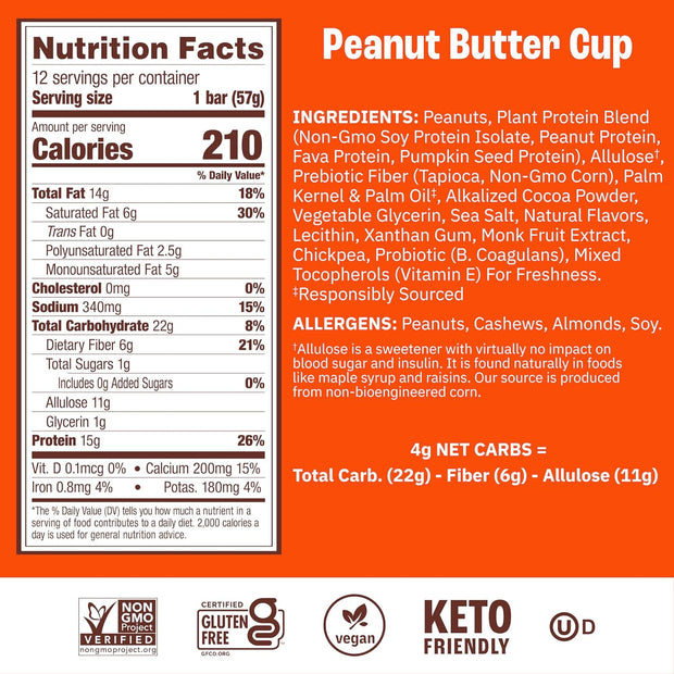 Munk Pack Peanut Butter Cup Probiotic Keto Protein Bars Stocking Stuffers | 15g Plant Protein, 1g Sugar, 4g Net Carbs | Non-GMO, Plant-Based, Low Sugar, Gluten-Free Snacks | 12 Count