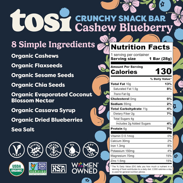 Tosi Nut Bars, Cashew Blueberry, Healthy Snacks for Adults & Kids, Plant Based Crunchy Bars (6G Protein), Organic Keto Snacks, Vegan, Gluten & Soy Free, Low Sugar, Omega 3s, 1oz, 12-Pack