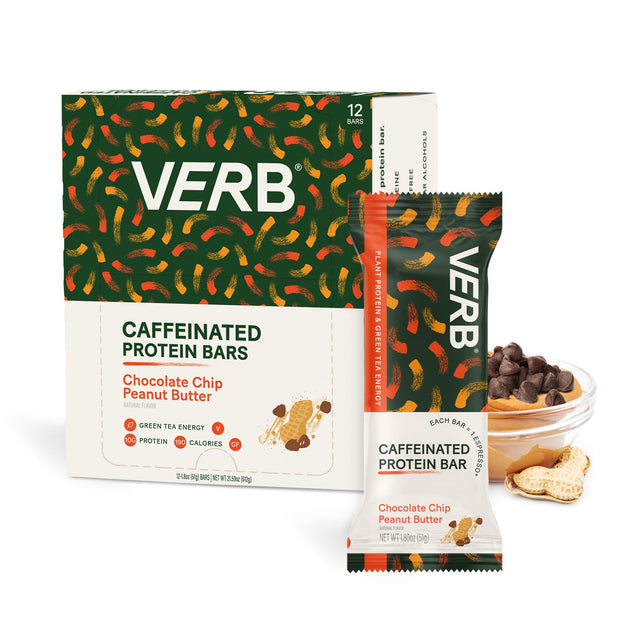 Verb Energy - Caffeinated Protein Bars Chocolate Chip Cookie Dough 190-Calorie Low Sugar 10g Protein Bar - Vegan Snacks - Gluten Free Breakfast Bars with Organic Green Tea, 51g Per Bar (Pack of 12)