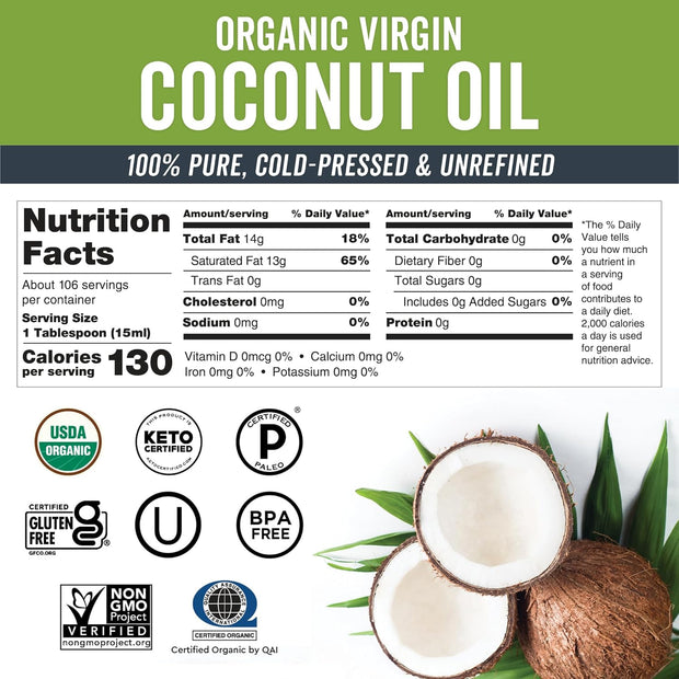 Viva Naturals Organic Coconut Oil - Unrefined, Cold-Pressed Extra Virgin Coconut Oil, USDA Organic and Non-GMO Cooking Oil, Great as Hair Oil and Skin Oil, 54 fl oz