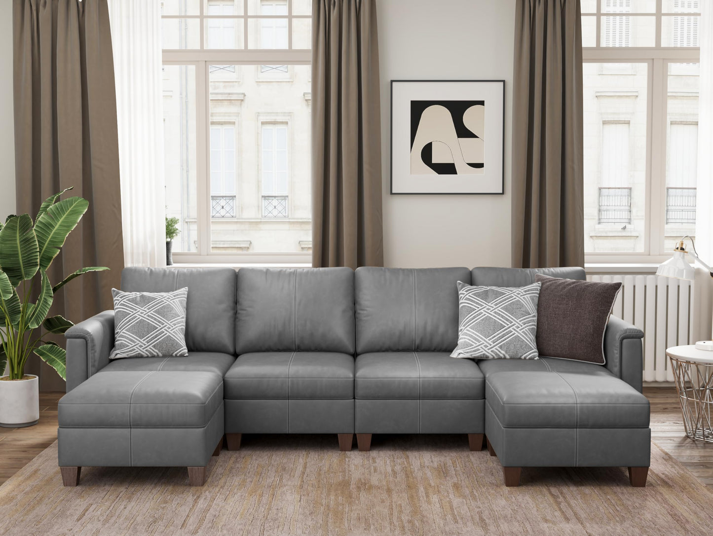 Faux Leather Modular Sectional Couches for Living Room, Modular Convertible U-Shaped Sectioanl Sofa with Storage & Ottoman, Brown