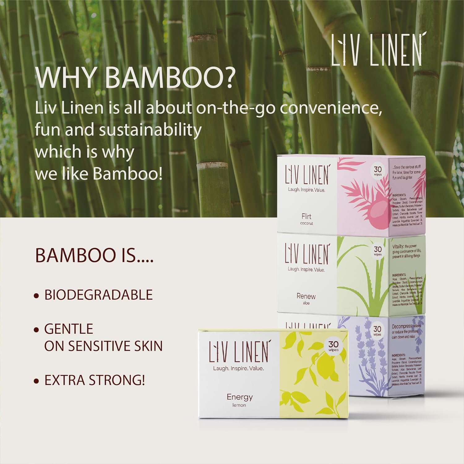 Bamboo Deodorant Wipes - 30 count - Individually Packaged - Aromatherapy Scent (Aloe)