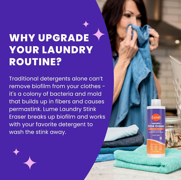 Lume Laundry Stink Eraser - Detergent Booster & Sink Soak - Eliminates Body Odor In Clothes - Odor Blasting Enzyme Blend - Makes Your Detergent Work Better - Free And Clear - 8 fluid ounces (2 Pack)