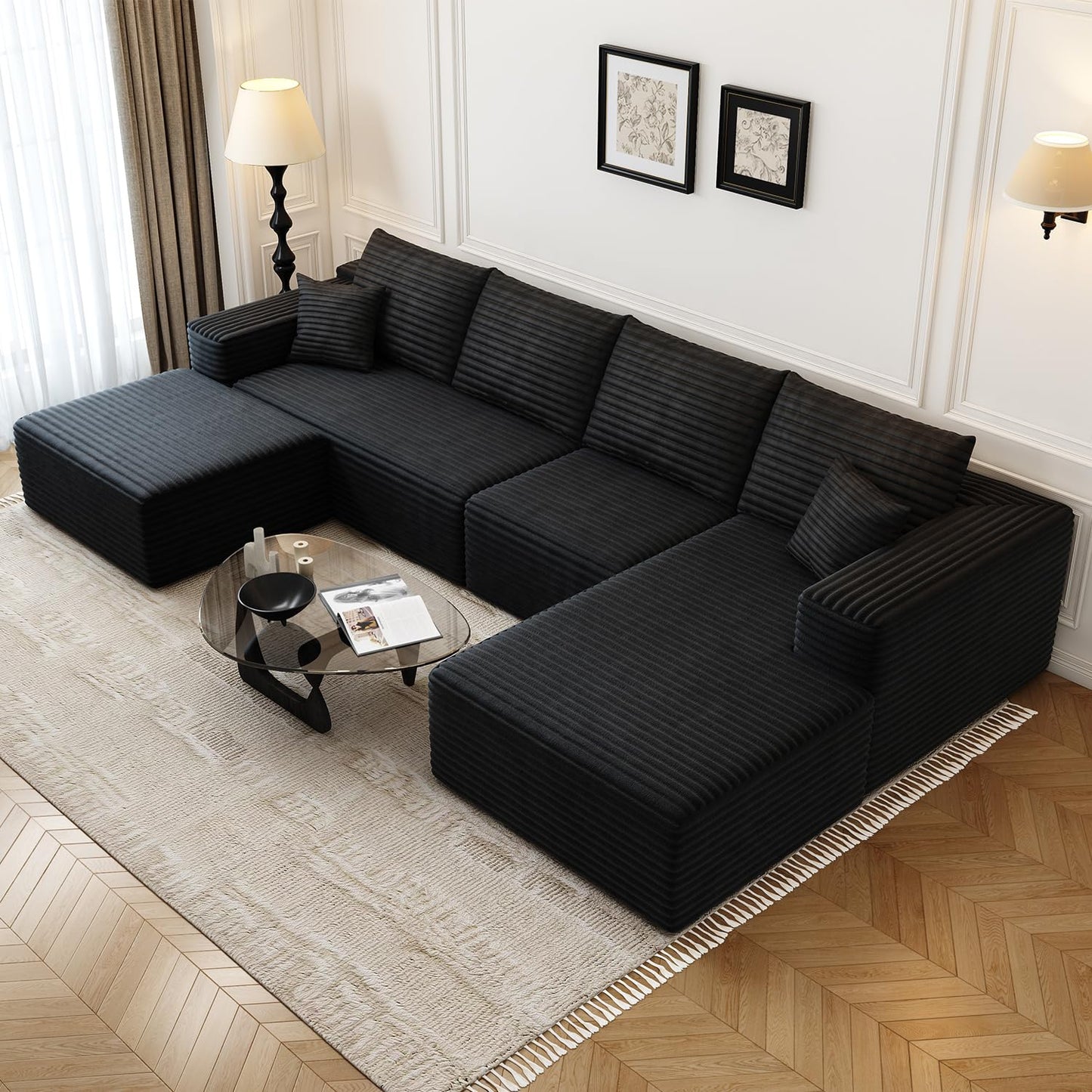 107.5" Cloud Modular Sectional Sofa with 1 Ottoman,Modern Minimalist Upholstered Couches, Comfort U Shaped Sofa for Living Room,Deep Seat Corner Couch，No Assembly Required (Black,Left Facing Chaise)