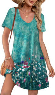 OFEEFAN Summer Dresses for Women 2025 Loose V Neck Short Sleeve Casual T Shirt Dress Sundresses Swimsuit Coverup with Pockets