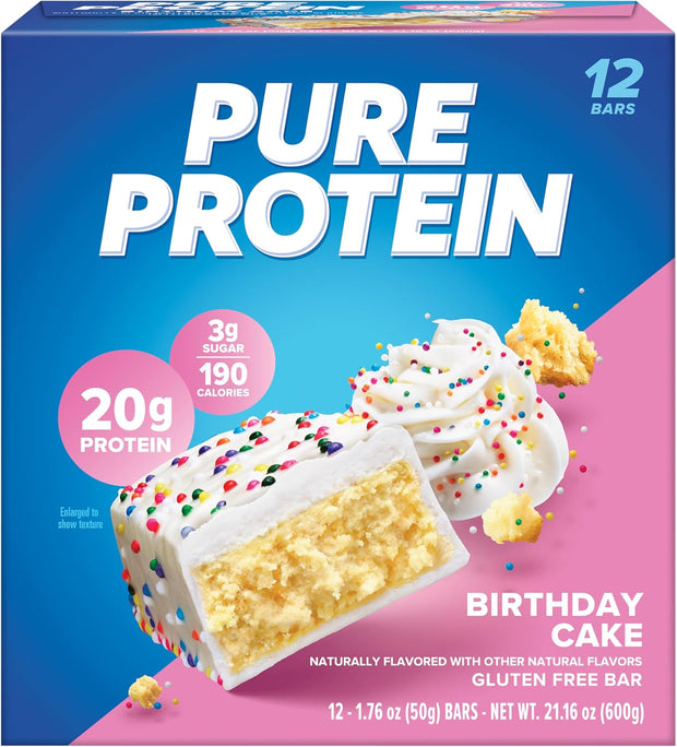 Pure Protein Bars, High Protein, Nutritious Snacks to Support Energy, Low Sugar, Gluten Free, Birthday Cake, 1.76 oz, Pack of 12 (Packaging May Vary)