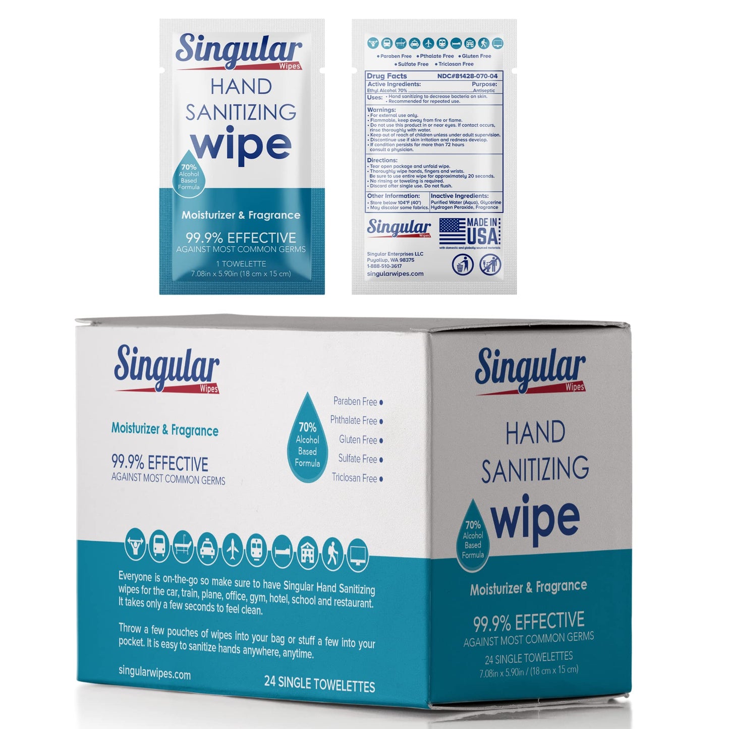 Hand Sanitizing Wipes Travel Size by Singular Wipes – 100ct Individually Wrapped | Fresh Citrus Scent, Moisturizing, 70% Alcohol Wipes | Travel, Office, School, Home | Made in USA