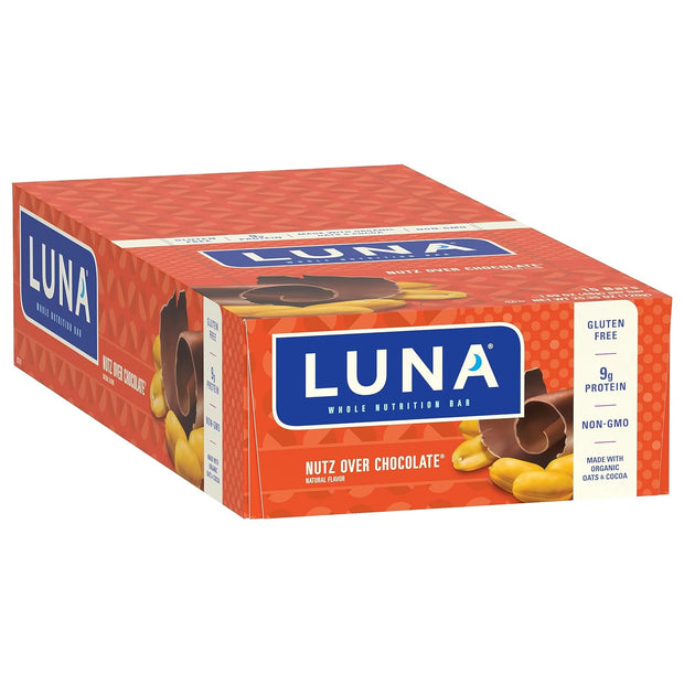 LUNA Bar - Nutz Over Chocolate Flavor - Gluten-Free - Non-GMO - 7-9g Protein - Made with Organic Oats - Low Glycemic - Whole Nutrition Snack Bars - 1.69 oz. (15 Count)